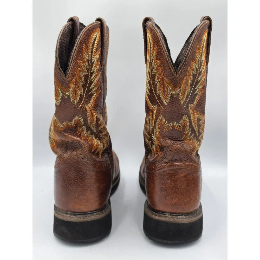 Justin Stampede Pull On Western Work Boot Round Toe Mens Size 10EE Brown Leather